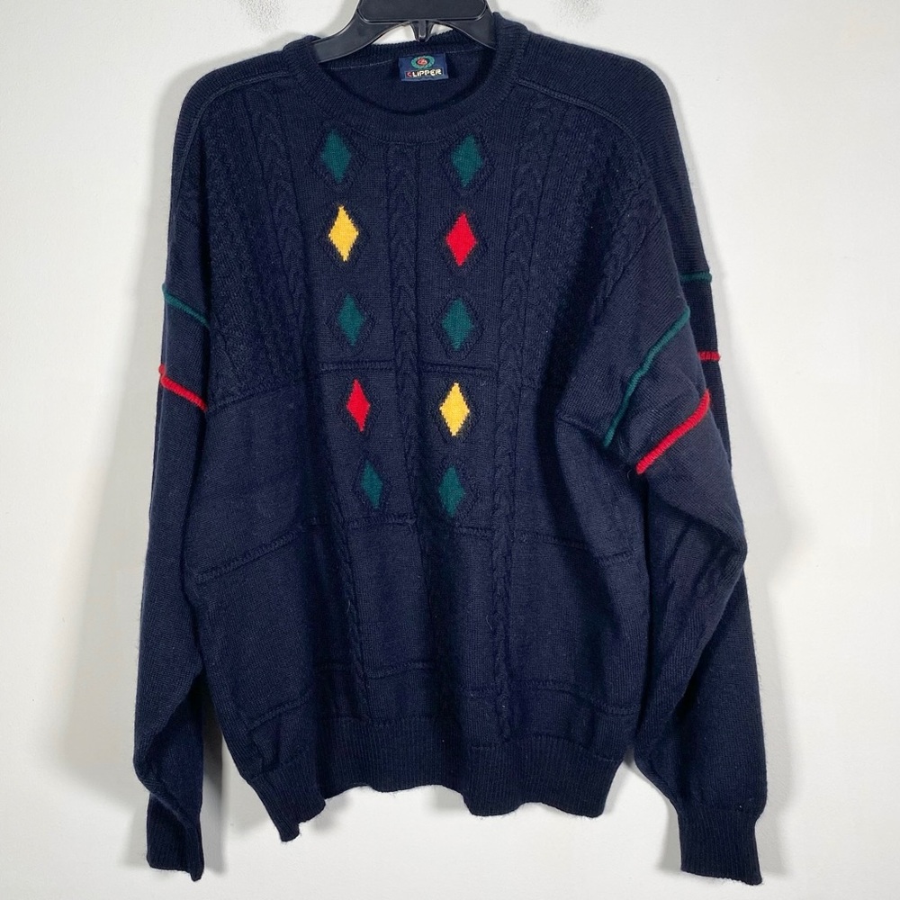 Clipper Men’s Size Extra Large|54 Mixed Knit Diamond Wool Sweater Vintage